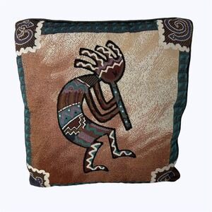 Kokopelli Woven Tapestry Throw Pillow Southwest Flute Player 2 Sided 15x15"